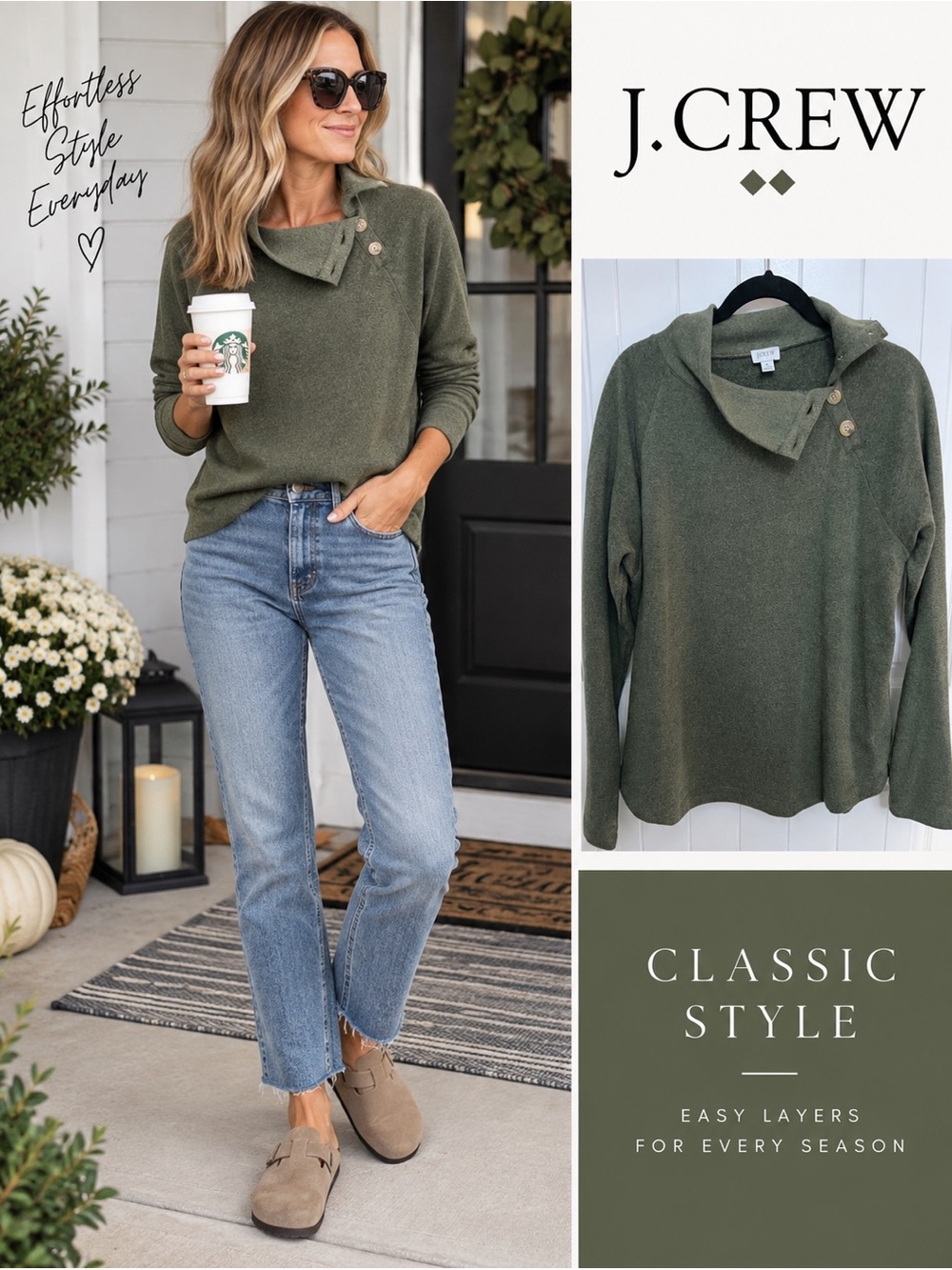 J.Crew Olive Green Asymmetrical Button Neck Pullover Top